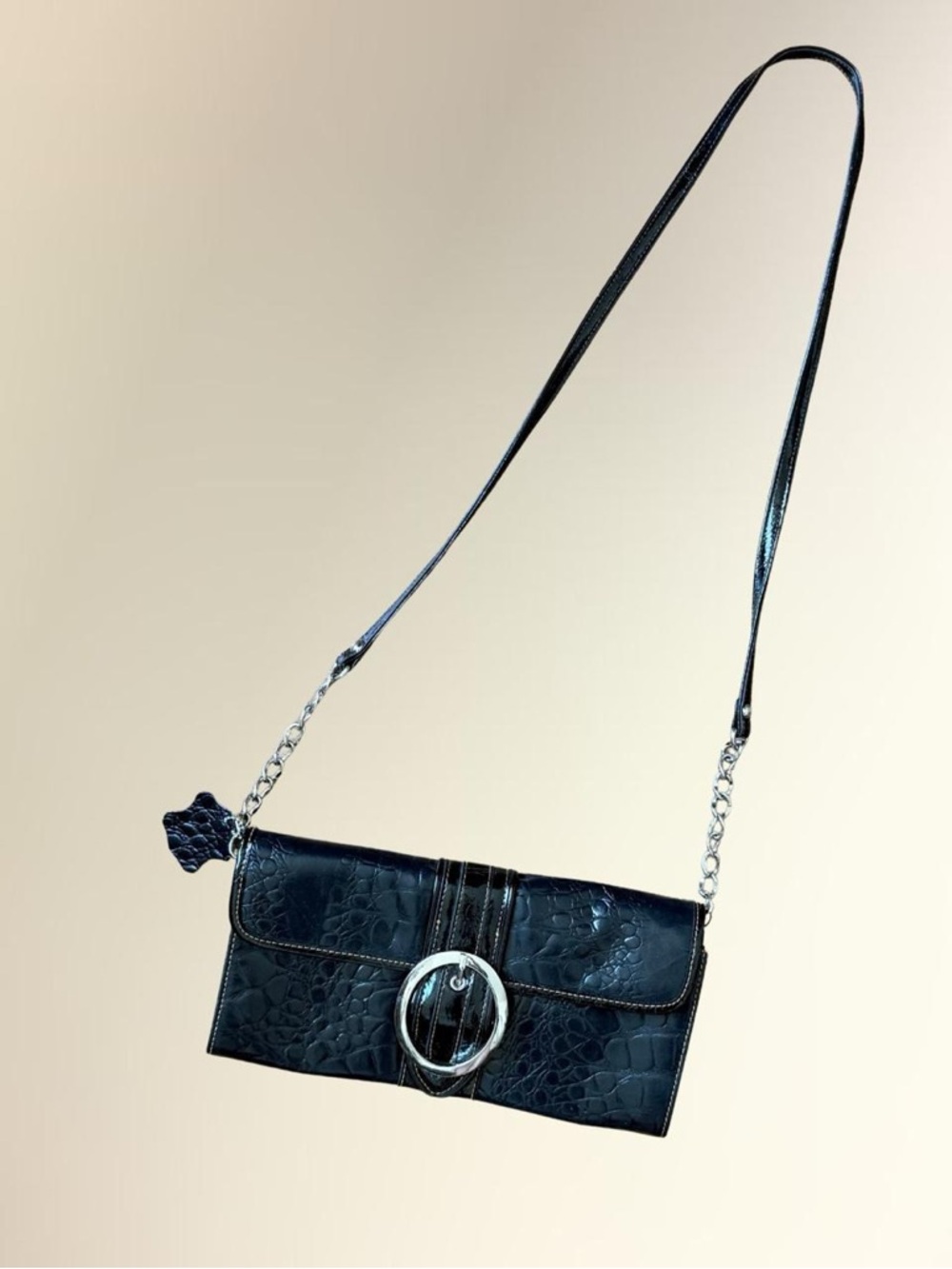 Structured Black Croc-Embossed Crossbody Bag with Silver Buckle